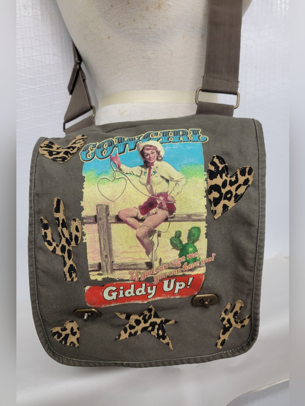 Giddy Up! Cowgirl Canvas Messenger Bag - Upcycled Vintage